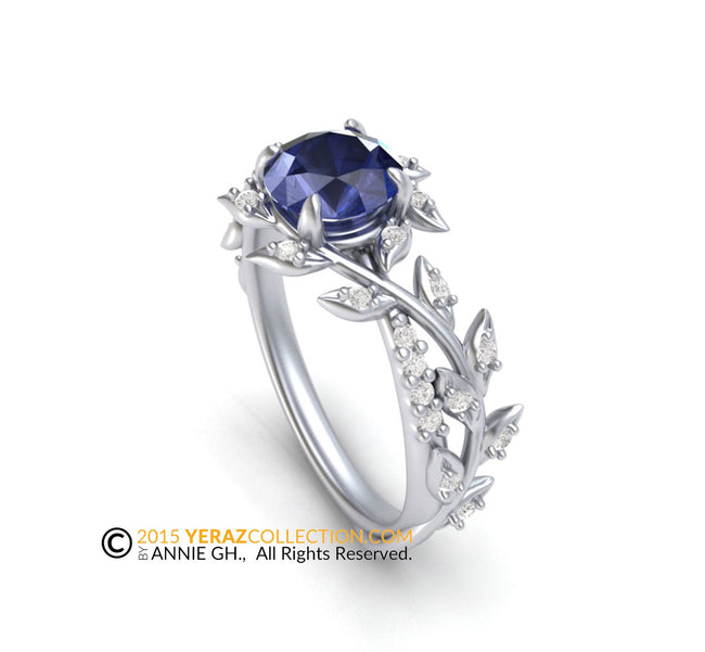 Sapphire Engagement ring, 14k White Gold, Chatham Sapphire Center Stone, Nature inspired Diamond Leaf ring, Bridal ring. RI-1283