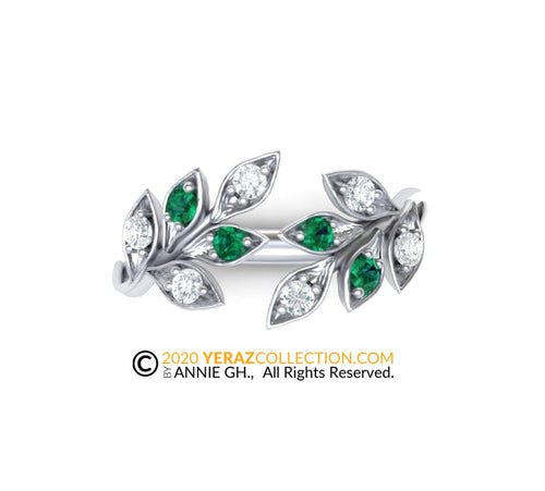 Leaf band, White Gold 14k,  Nature inspired Diamond Leaf Ring,emerald ring,Leaf Gold Ring.