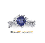 Sapphire Engagement ring, 14k White Gold, Chatham Sapphire Center Stone, Nature inspired Diamond Leaf ring, Bridal ring. RI-1283