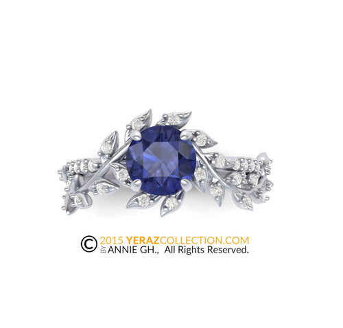 Sapphire Engagement ring, 14k White Gold, Chatham Sapphire Center Stone, Nature inspired Diamond Leaf ring, Bridal ring. RI-1283