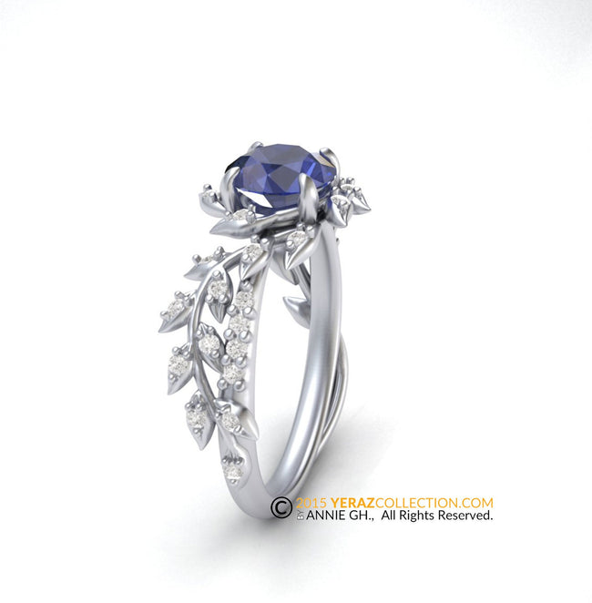 Sapphire Engagement ring, 14k White Gold, Chatham Sapphire Center Stone, Nature inspired Diamond Leaf ring, Bridal ring. RI-1283