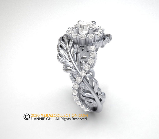 Unique Engagement Ring, Feather Ring, White Gold 14k, Moissanite Engagement Ring, Diamond engagement Ring, Nature Inspired Ring, Halo Ring.