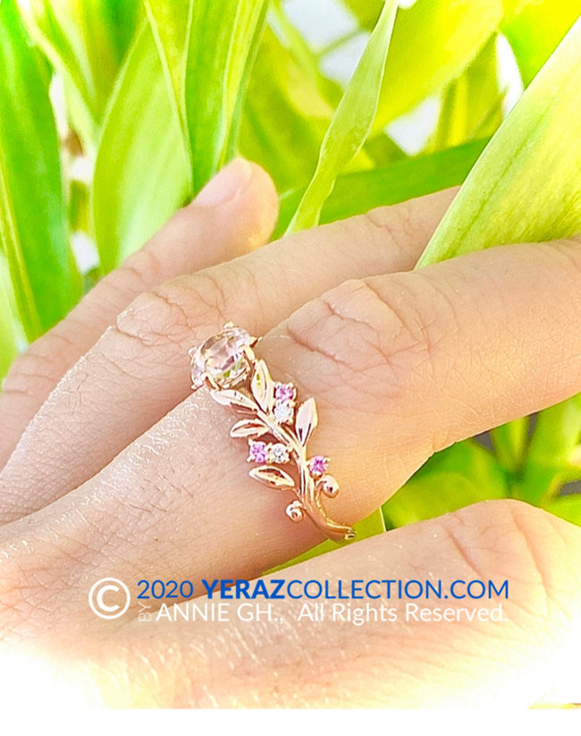 Leaf Engagement ring, Rose Gold 14k,  Tourmaline Ring, Nature inspired Leaf ring.