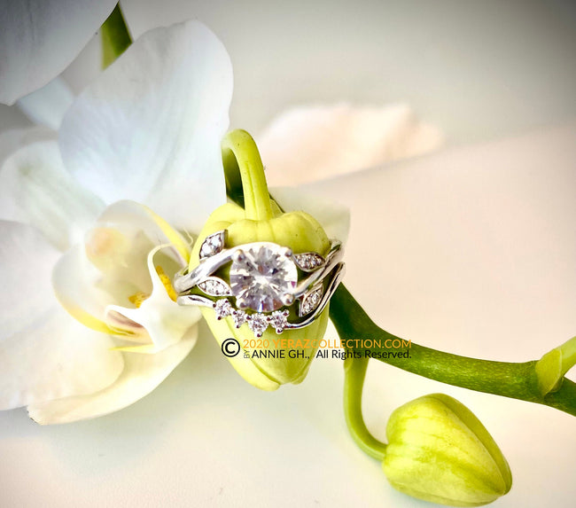 Leaf Engagement Ring With Matching Band, Moissanite Engagement Ring, Diamond Ring, 14k Gold Ring.