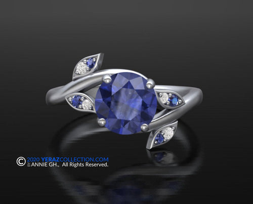 Leaf Engagement Ring, Blue Sapphire Engagement Ring, Chatham Blue Sapphire Nature Inspired Ring, 14k Gold Ring.