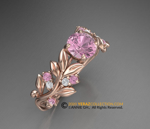 Leaf Engagement ring, Rose Gold 14k,  Tourmaline Ring, Nature inspired Leaf ring.