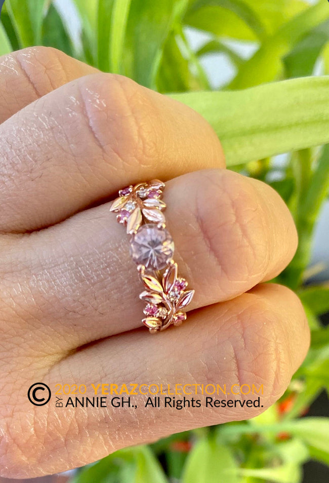 Leaf Engagement ring, Rose Gold 14k,  Tourmaline Ring, Nature inspired Leaf ring.