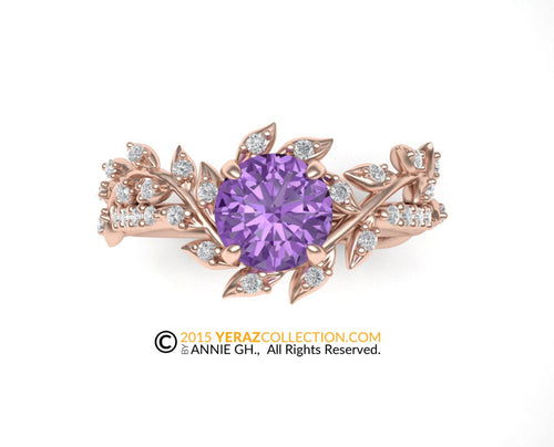 Purple Sapphire Leaf Engagement ring, Sapphire Center stone, 14k Rose Gold, Nature inspired Diamond Leaf ring.