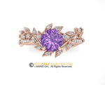 Purple Sapphire Leaf Engagement ring, Sapphire Center stone, 14k Rose Gold, Nature inspired Diamond Leaf ring.