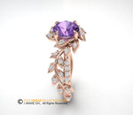 Purple Sapphire Leaf Engagement ring, Sapphire Center stone, 14k Rose Gold, Nature inspired Diamond Leaf ring.