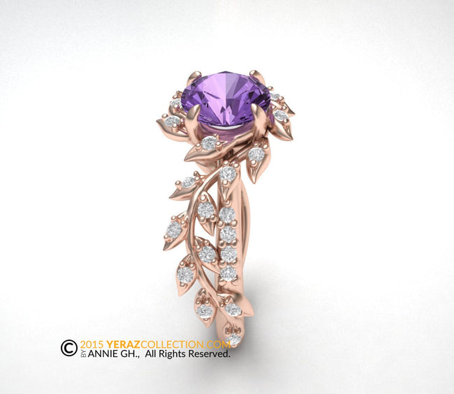 Purple Sapphire Leaf Engagement ring, Sapphire Center stone, 14k Rose Gold, Nature inspired Diamond Leaf ring.