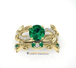 Gold Ring Set, Chatham Emerald Center Stone, Engagement Ring And Matching Band Set, Emerlad Ring, Leaf Ring.