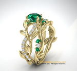 Gold Ring Set, Chatham Emerald Center Stone, Engagement Ring And Matching Band Set, Emerlad Ring, Leaf Ring.