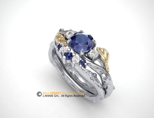 matching band, White Gold 14k, Diamond and blue Sapphire, Nature inspired Leaf ring.