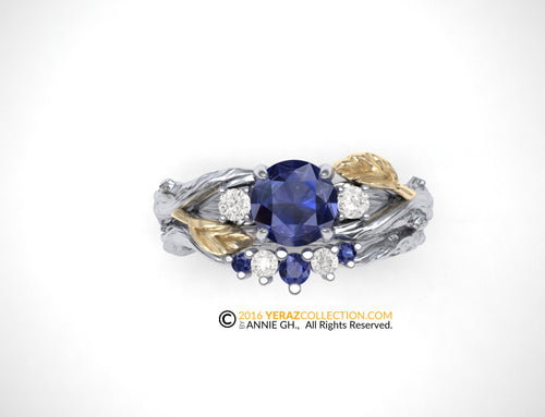 matching band, White Gold 14k, Diamond and blue Sapphire, Nature inspired Leaf ring.