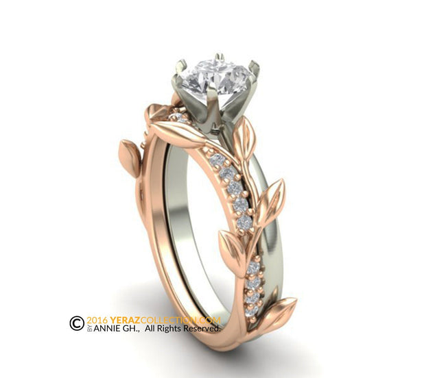 Engagement Ring With Leaf Matching Band, Moissanite Engagement Ring, Diamond Ring, 14k Gold Ring, Two Tone Ring.