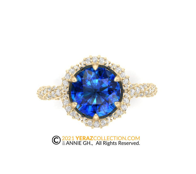 Unique Engagement Ring, Blue Sapphire Ring, Halo Ring, Solitaire Engagement Ring, Yellow Gold 18k, Diamond set band.