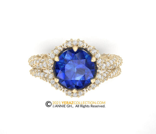 Unique Engagement Ring Set, Blue Sapphire Ring, Halo Ring, Solitaire Engagement Ring Set, Yellow Gold 18k, Ring And Matching Band.