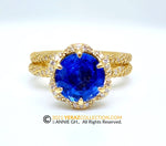 Unique Engagement Ring Set, Blue Sapphire Ring, Halo Ring, Solitaire Engagement Ring Set, Yellow Gold 18k, Ring And Matching Band.