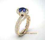 Unique Engagement Ring Set, Blue Sapphire Ring, Halo Ring, Solitaire Engagement Ring Set, Yellow Gold 18k, Ring And Matching Band.