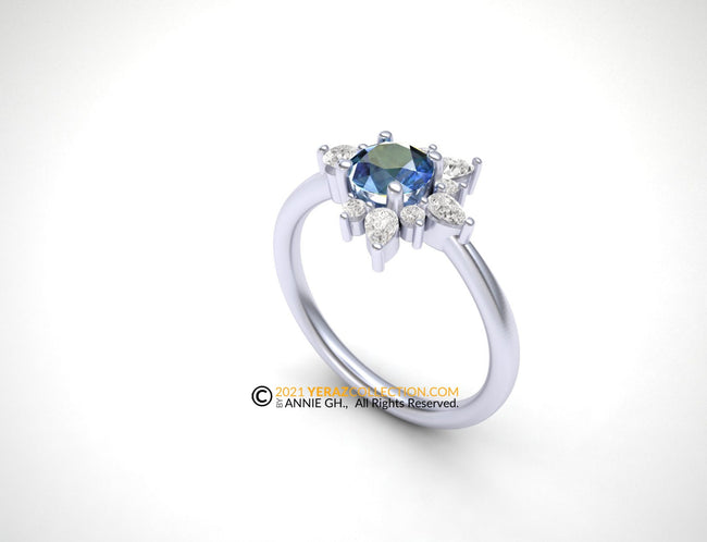 Leaf Engagement Ring, Blu-green Sapphire Engagement Ring, teal Sapphire, Asymmetric Ring, 14KGold.