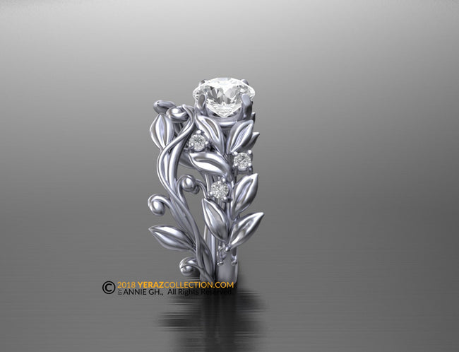 Matching band, 14k White gold, Nature inspired Leaf ring, Leaf Gold ring.