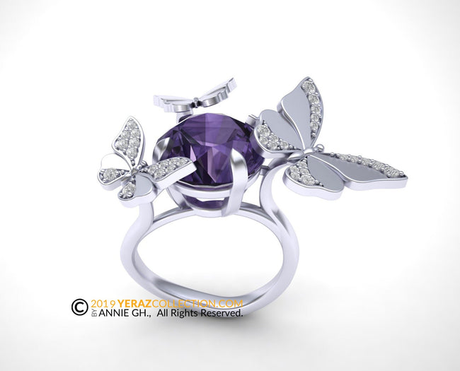 Very Unique Butterfly Ring, Butterfly Engagement Ring, Nature inspired Gem Stone Ring, Amethyst Engagement Ring.