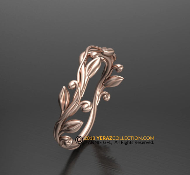 Matching band, 14k Rose gold, Nature inspired Leaf ring, Leaf Gold ring.