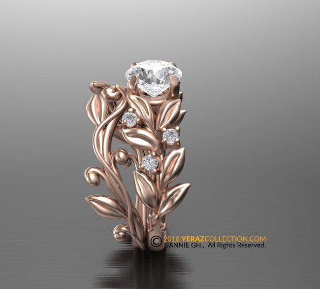 Matching band, 14k Rose gold, Nature inspired Leaf ring, Leaf Gold ring.