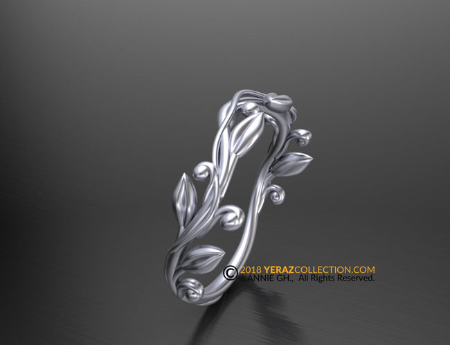 Matching band, 14k White gold, Nature inspired Leaf ring, Leaf Gold ring.