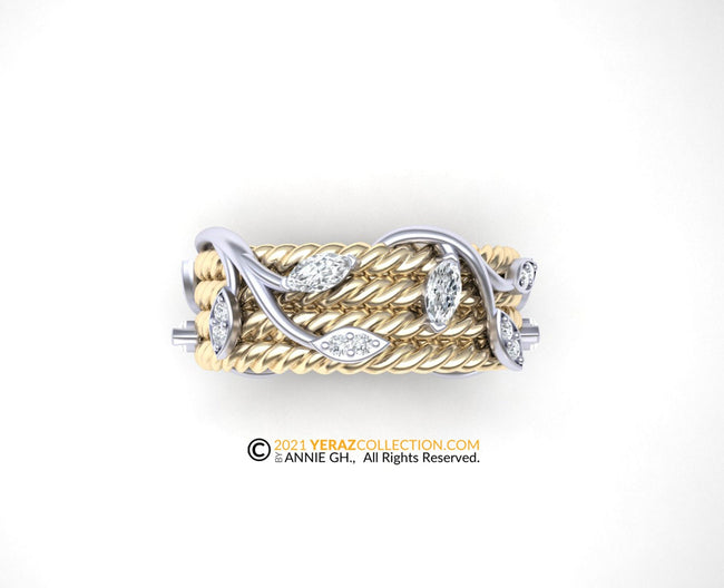 Leaf-gold Ring, Two Tone Wedding Band, 14k Yellow and White gold Ring, Nature Inspired Leaf Band, Rope Ring.