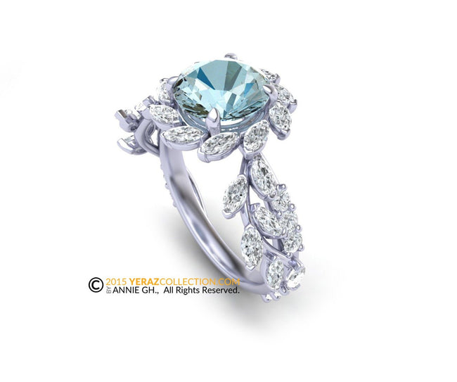 Leaf Engagement ring, White Gold 14k, Aquamarine Engagement ring, Marquise Nature inspired Diamond Leaf ring, Bridal ring.