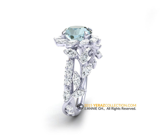 Leaf Engagement ring, White Gold 14k, Aquamarine Engagement ring, Marquise Nature inspired Diamond Leaf ring, Bridal ring.