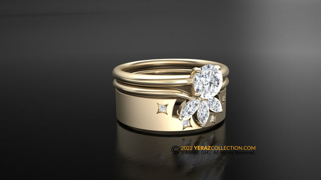 Diamond Ring Set, Diamond Center Stone, Engagement Ring And Matching Band Set, 14K Gold Ring, Leaf Ring.