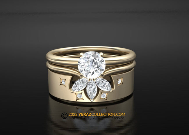 Diamond Ring Set, Diamond Center Stone, Engagement Ring And Matching Band Set, 14K Gold Ring, Leaf Ring.