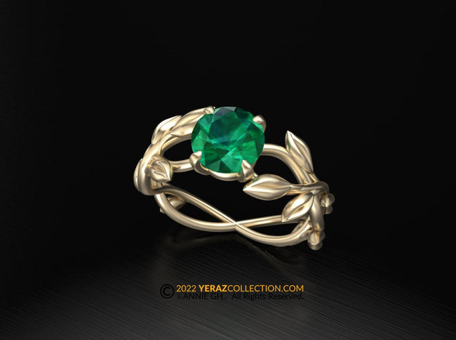 Leaf Engagement ring, 14K Yellow Gold, Chatham Emerald, Engagement ring, Nature inspired Emerald Leaf ring, Leaf Gold ring, Bridal ring