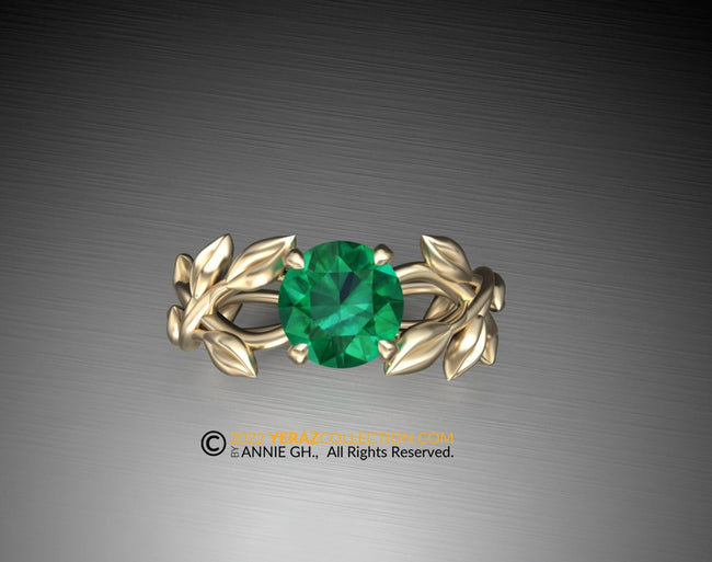 Leaf Engagement ring, 14K Yellow Gold, Chatham Emerald, Engagement ring, Nature inspired Emerald Leaf ring, Leaf Gold ring, Bridal ring