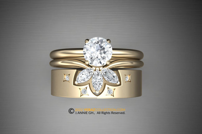 Diamond Ring Set, Diamond Center Stone, Engagement Ring And Matching Band Set, 14K Gold Ring, Leaf Ring.