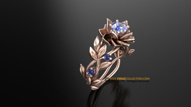 Leaf Engagement Ring, Lotus Flower Ring, 14k Rose Gold, Tanzanite Engagement Ring, Nature Inspired Leaf Ring, Leaf Gold Ring.