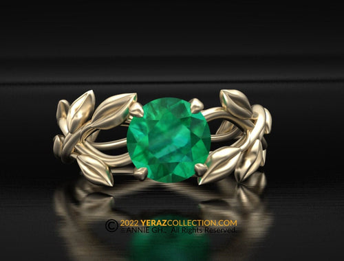 Leaf Engagement ring, 14K Yellow Gold, Chatham Emerald, Engagement ring, Nature inspired Emerald Leaf ring, Leaf Gold ring, Bridal ring