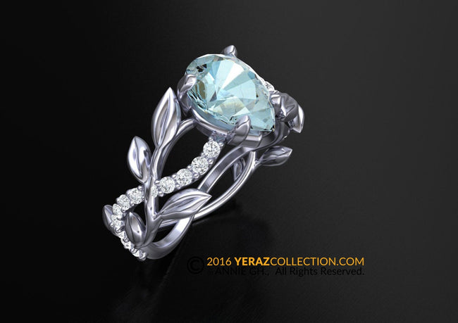 Leaf Engagement Ring, White Gold 14k, Aquamarine Ring, Nature inspired Diamond Leaf ring, Leaf Gold ring, White gold.