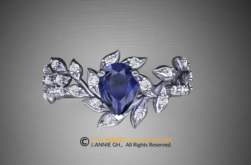 Sapphire Engagement ring, 14k White Gold, Blue Sapphire Center Stone, Nature inspired Diamond Leaf ring, Bridal ring.