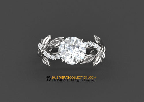 Leaf Engagement Ring, White Gold 14k, Diamond Center-stone, Lab Created Diamond, Nature inspired Diamond Leaf ring, Leaf Gold ring.