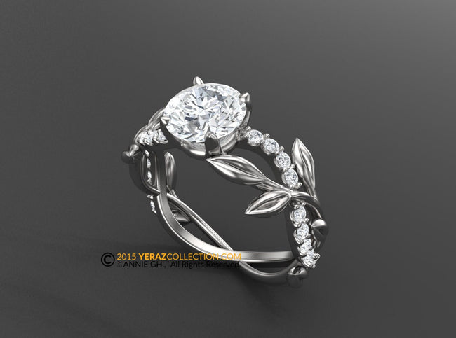 Leaf Engagement Ring, White Gold 14k, Diamond Center-stone, Lab Created Diamond, Nature inspired Diamond Leaf ring, Leaf Gold ring.