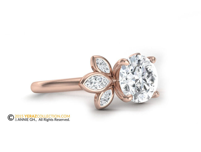 Engagement ring, Rose Gold 14k, Leaf Ring, Moissanite Center stone, Bridal ring, Engagement Ring.