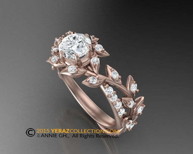 Diamond Leaf Engagement ring, Diamond Center stone, 14k Rose Gold, Nature inspired Diamond Leaf ring.