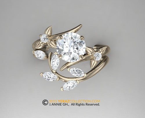 Leaf Engagement Ring With Matching Band, Moissanite Engagement Ring, 14k Gold Ring, Engagement Ring Set.