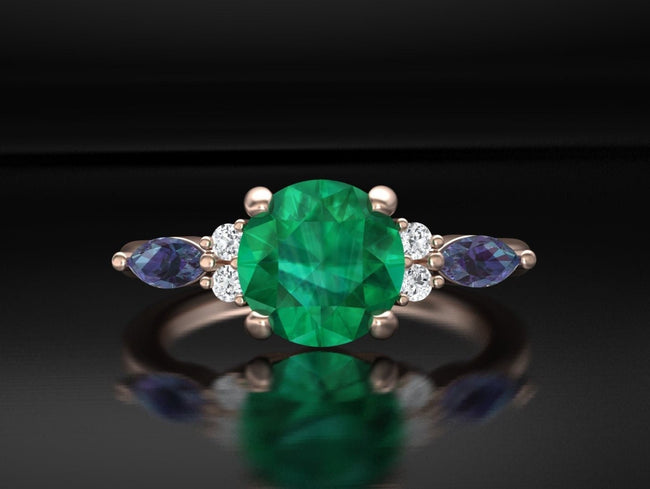 Engagement ring, Rose Gold 14k, Chatham Emerald, Chatham Alexandrite, delicate ring.