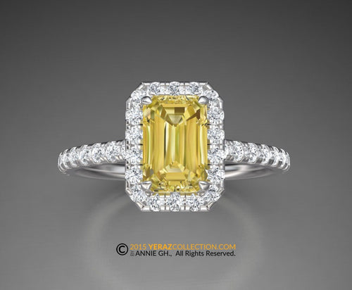 Emerald Cut Diamond Engagement Ring, Emerald Yellow Lab Grown Diamond, Halo Engagement Ring.