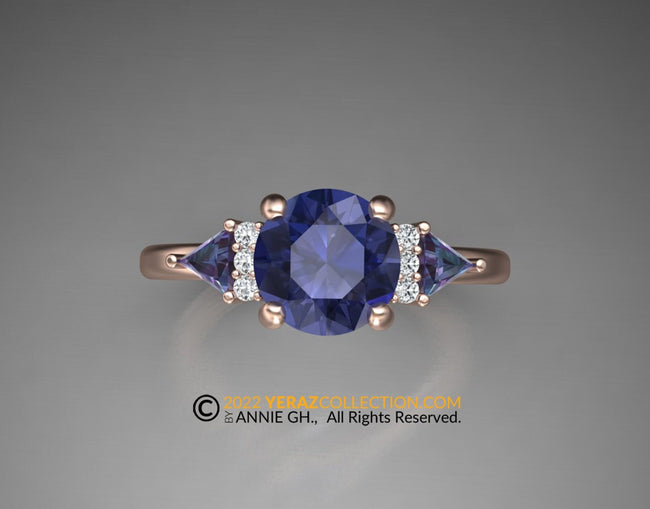 Engagement ring, Rose Gold 14k, Chatham Sapphire, Alexandrite, delicate ring.